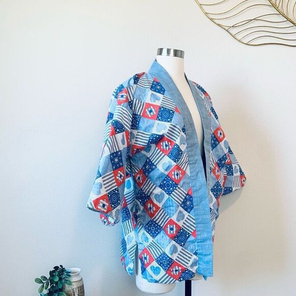 Vintage 1970s Red Blue White Patchwork Cardigan Duster Kimono Medium - Picture 3 of 6